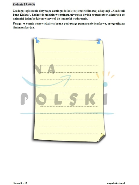 "Akademia Pana Kleksa" - próbny egzamin ósmoklasisty z ogłoszeniem i tematem opowiadania