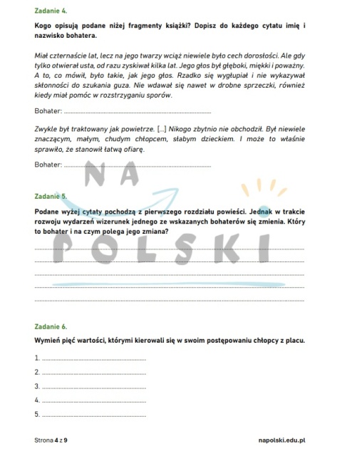 "Chłopcy z Placu Broni" - sprawdzian ze znajomości lektury