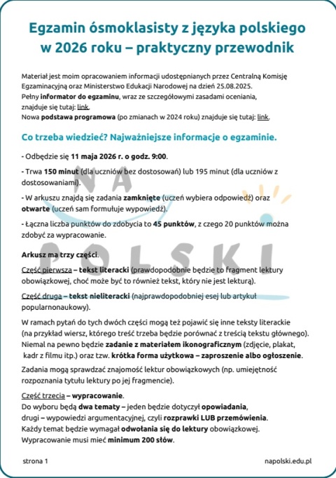 Przewodnik po egzaminie ósmoklasisty z polskiego w 2026 r. - najważniejsze informacje, lista lektur i zagadnień gramatycznych Przewodnik po egzaminie ósmoklasisty z polskiego w 2026 r. - najważniejsze informacje, lista lektur i zagadnień gramatycznych