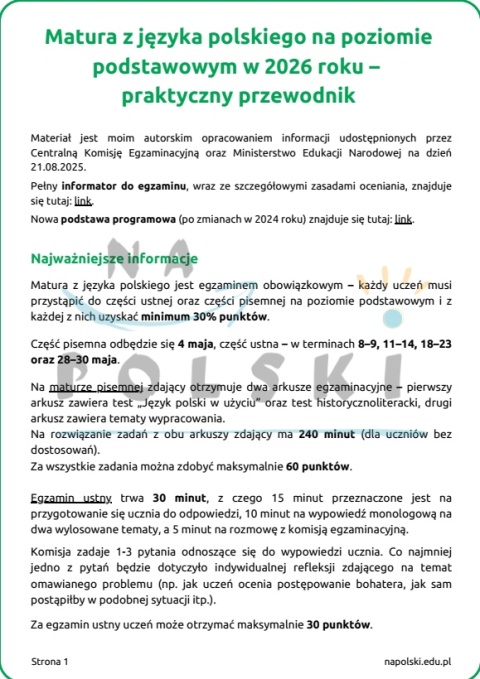 Przewodnik po maturze podstawowej z polskiego w 2026 r. - najważniejsze informacje, opis arkuszy, lista lektur obowiązkowych Przewodnik po maturze podstawowej z polskiego w 2026 r. - najważniejsze informacje, opis arkuszy, lista lektur obowiązkowych