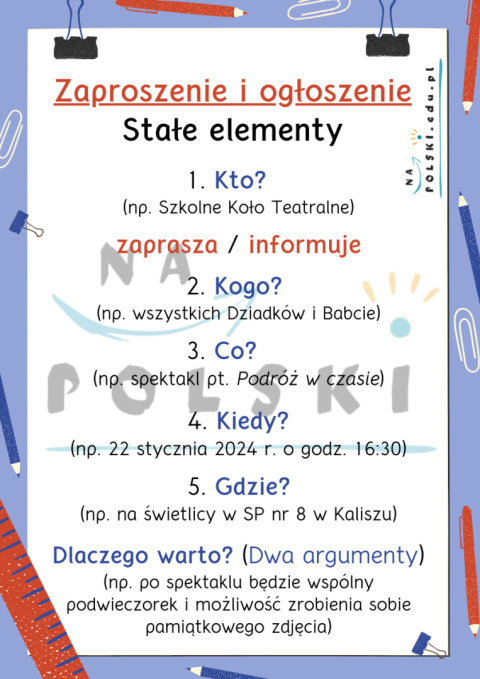 Ogłoszenie i zaproszenie - zasady tworzenia, stałe elementy