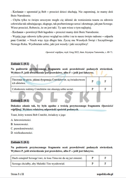 "Opowieść wigilijna" - próbny egzamin ósmoklasisty z ogłoszeniem i tematem rozprawki