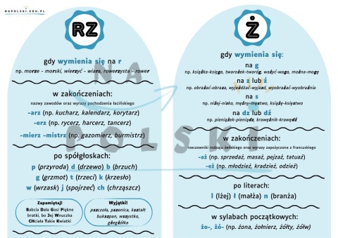Pisownia rz i ż - plakat z regułami ortograficznymi