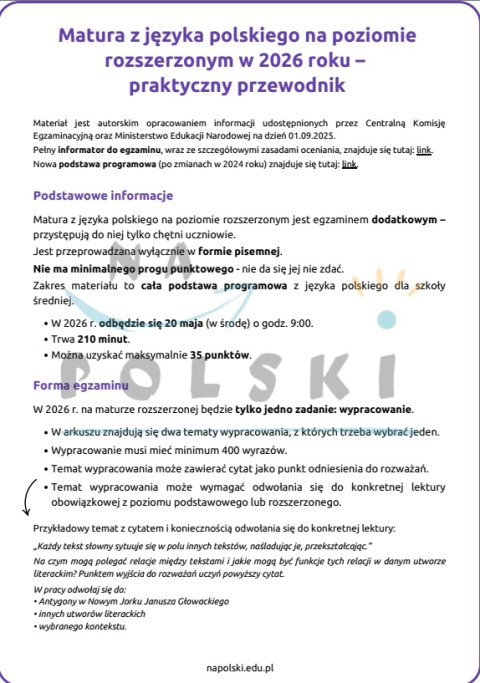 Przewodnik po maturze rozszerzonej z polskiego w 2026 r. - najważniejsze informacje, lista lektur obowiązkowych Przewodnik po maturze rozszerzonej z polskiego w 2026 r. - najważniejsze informacje, lista lektur obowiązkowych