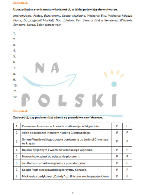 "Dziady cz. III" - sprawdzian ze znajomości lektury