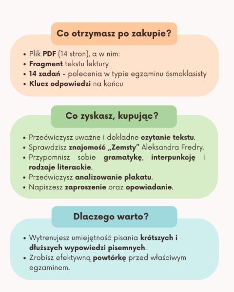 "Zemsta" - próbny egzamin ósmoklasisty z zaproszeniem i tematem opowiadania