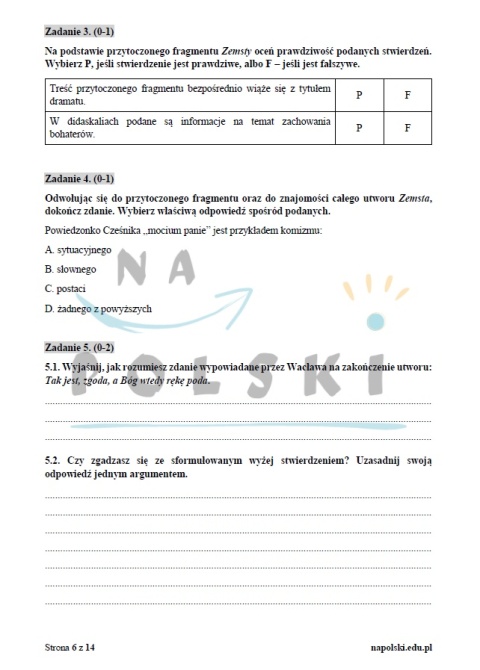 "Zemsta" - próbny egzamin ósmoklasisty z zaproszeniem i tematem opowiadania