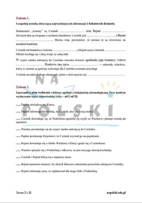 "Zemsta" - sprawdzian ze znajomości lektury